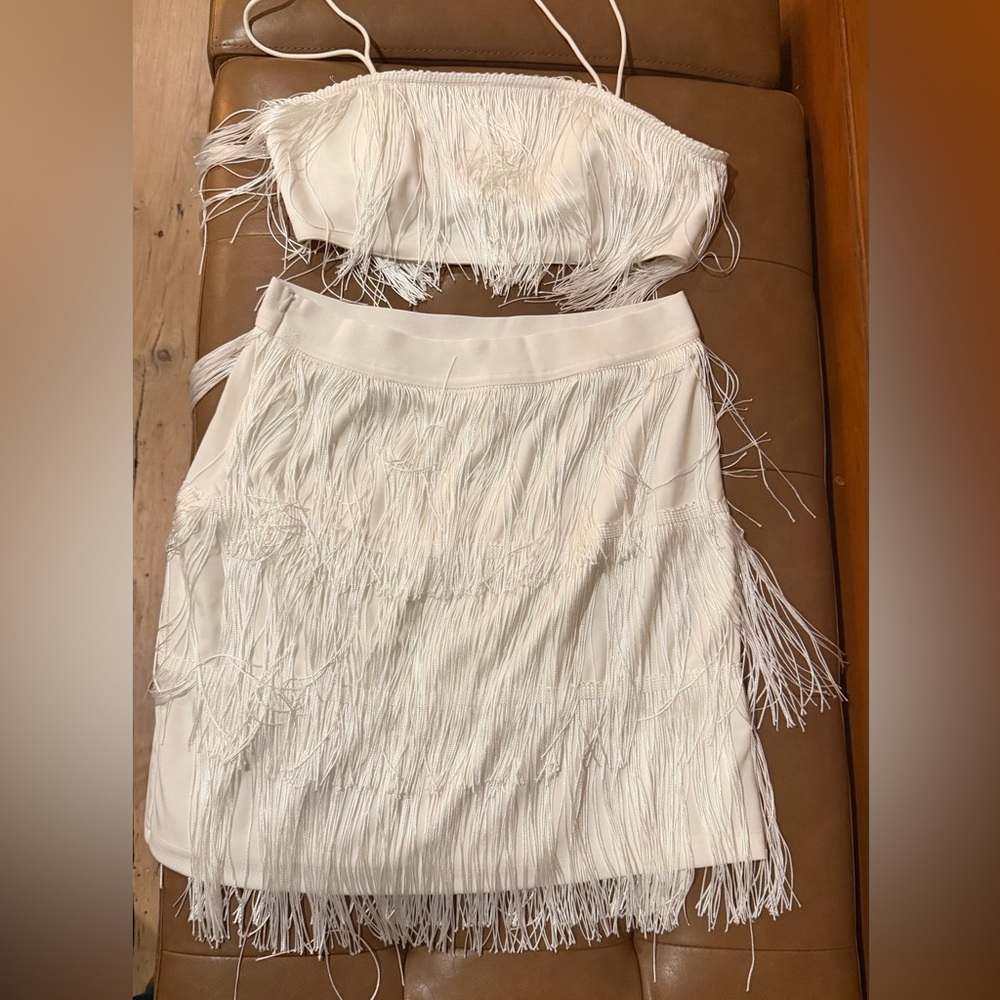 SHEIN White Fringe Mini Skirt - Flirty Partywear